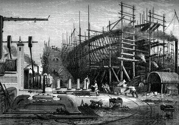 Navire en fer, chantier de Messrs Samuda, Isle of Dogs, Londres, c1880