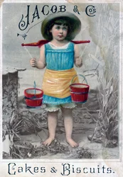 Jacob et Cos. Gâteaux & Biscuits, années 1900-1920. Carte postale publicitaire