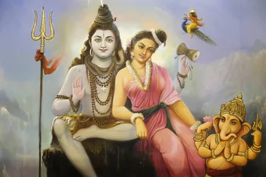 Temple hindou Jalaram Prathna, Leicester. Fresque représentant Shiva, Parvati et Ganesh. Royaume-Uni