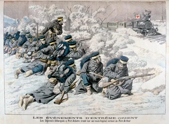Attaque japonaise sur un train-hôpital près de Port Arthur, Mandchourie, guerre russo-japonaise, 1904