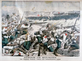 Troupes japonaises attaquant les tranchées russes, Moukden, Mandchourie, octobre 1904