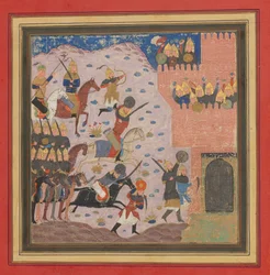 Kai Khusrau, Gudarz et Giv capturant la forteresse du démon, Bahman ..., ca. 1430-40