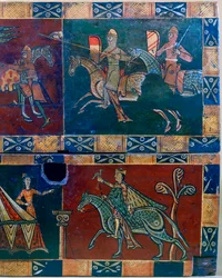 Chevaliers à cheval et roi avec un faucon, 12ème siècle