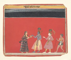 Krishna accepte une offrande de la femme bossue Trivakra..., vers 1650