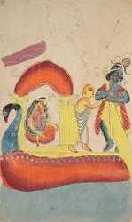 Krishna transportant Radha à travers la rivière Yamuna, 1800s