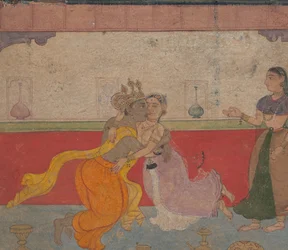 Krishna embrasse Radha: Page du Bréviaire des Amants de Boston Rasikapriya