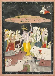 Krishna soulevant le mont Govardhana, vers 1780-1790