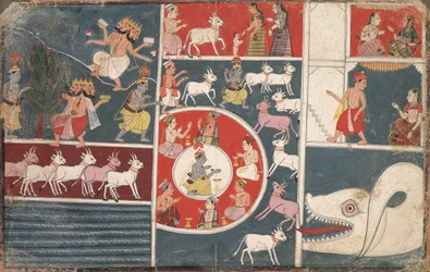 Krishna jouant de la flûte et autres épisodes du Bhagavata Purana