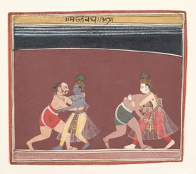 Krishna et Balarama combattent les lutteurs du roi maléfique Kamsa
