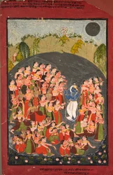 Krishna et les Gopis se rassemblent pour Rasamandala, vers 1720-1730