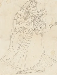 Krishna déguisé en femme embrassant Radha, XIXe siècle