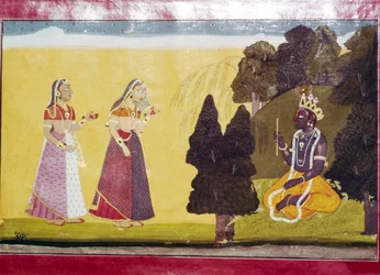 Krishna avec flûte, approché par deux dames