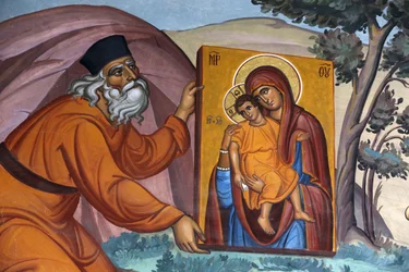 Monastère de Kykkos, Chypre. Fresque. Moine portant une icône sacrée, 20150510, Pedoulas, Chypre