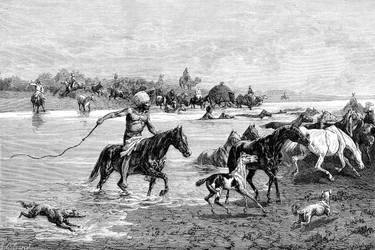 Kirghizes traversant une rivière, Kirghizistan, 1895