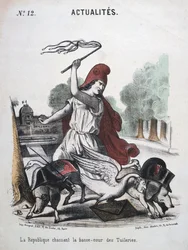 La République chassant la basse-cour des Tuileries, caricature allégorique, 1870-1871