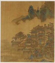Paysage : un palais entre lac et montagnes, dynastie Ming ou Qing, 17e siècle