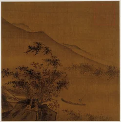 Paysage : collines, rochers, arbres, maison et un bateau