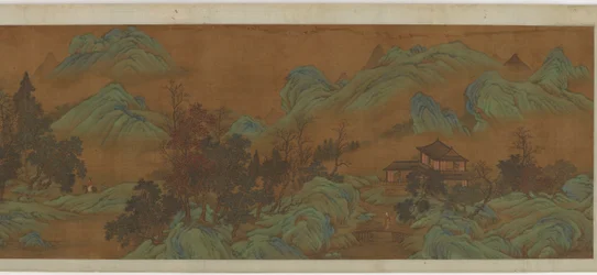 Paysage avec bâtiments et voyageurs