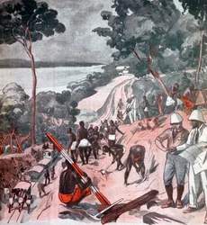 Pose de voie ferrée sous le soleil équatorial, Brazzaville, Congo, 1924