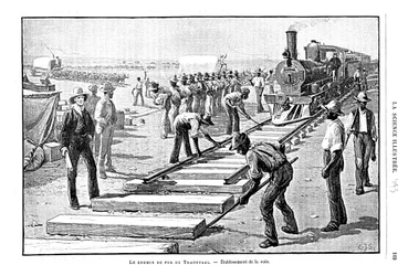 Pose de traverses et de rails sur le chemin de fer du Transvaal, Afrique du Sud, 1893
