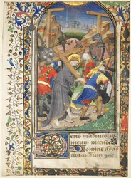Feuille extraite des Heures de Tarleton : Christ portant la croix Terce, Office de la Vierge, vers 14