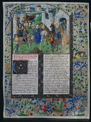Feuille de la Chronique Universelle de Jehan de Courcy : Le roi Priam rencontre Hélène et Paris..., vers 1470