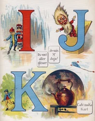 Lettre I, J et K : Ils vont glisser, je suis M. Jojo et le café Moka Karl. Gravure dans « ABC L