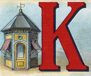 Lettre K : kiosque. Gravure dans « Alphabet de ma petite fille ». Bernardin-Bechet et Fils, libraires-éditeurs, Paris, vers 1895