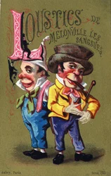 Lettre L: Sangsues de Melonville. Gravure dans "Alphabet des grotesques". Série de 25 chromolithographies publicitaires sur fond doré, fin 19ème siècle.