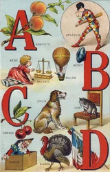 Lettres A B C D; Abricots; Arlequin; Balance; Ballon; Bébé; Cerises; Chat; Chaise; Chien; Couverture; Diable; Dinde; Drapeau. Gravure dans "Alphabet de ma petite fille". Bernardin-Bechet et Fils, libraires-éditeurs, Paris, vers 1895. Album incassable sur t