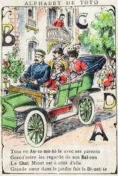 Lettres A B C D : voiture, balcon, chat, dinette. Gravure dans "Alphabet de Toto", fin du 19e siècle. Imagerie de Pont-à-Mousson. Louis Vagne, imprimeur-éditeur. 12 pages. Album publicitaire contenant un abécédaire illustré et une méthode de lecture simpli
