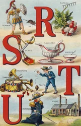 Lettres R S T U : Radis Râteau ; Romain ; Sabre ; Saucière Sucre ; Trompette tambour ; Toupie ; Uniforme ; Usine. Gravure dans « Alphabet de ma petite fille ». Bernardin-Bechet et Fils, libraires-éditeurs, Paris, vers 1895