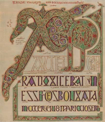Évangiles de Lindisfarne, page Christi autem. British Museum, vers 700 après J.-C., 1935