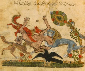 Lion bat un chameau, Kalila Wo-Dimna, livre de contes de fées arabo-espagnol, 13e siècle