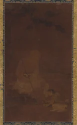 Lohan assis, un assistant agenouillé devant lui, dynastie Yuan ou Ming, 1279-1644