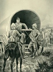 Lord Roberts écrivant des dépêches dans le chariot de transport où il dormait, 1901