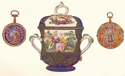 Louis XVI. Répétiteur en or, vers 1770, porringer et couvercle en porcelaine de Chelsea, vers 1710, 1903