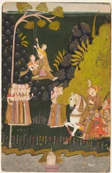 Maharaja Abhai Singh, équestre, regardant des filles se balancer au festival de Teej