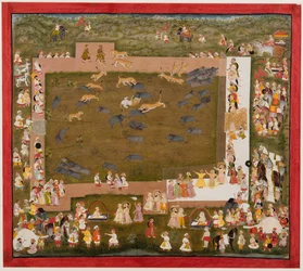 Maharaja Sangram Singh et sa cour observent un combat entre tigres et sangliers à Sadri, vers 1720