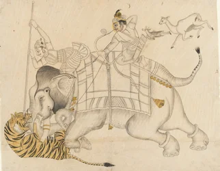 Maharao Shatru Sal II chassant un tigre, vers 1866-89