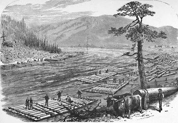 Assemblage de radeaux sur la rivière Susquehanna. Une scène sur la ligne du chemin de fer Erie, 1883
