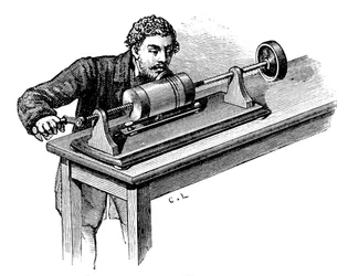 Enregistrement sur le premier modèle du phonographe de Thomas Edison, c1878