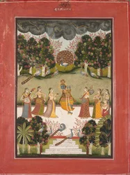Malar Ragini : Krishna jouant de la flûte à sept Gopis tenant des instruments de musique..., vers 1760