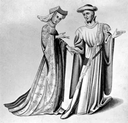 Tenue masculine et féminine, fin du 14e-début du 15e siècle, 1910