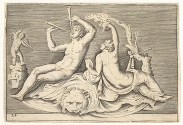 Homme jouant de deux flûtes et femme sur une peau de lion, publié vers 1599-1622