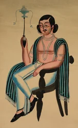 Homme assis dans une chaise européenne fumant une pipe Margila, c. 1880