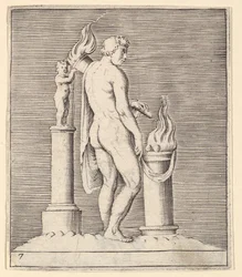 Homme avec une torche entre un autel en flammes et une statuette