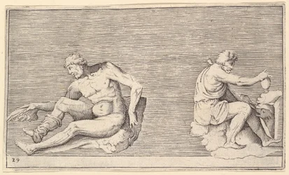 Homme avec aile, homme avec vase et chien