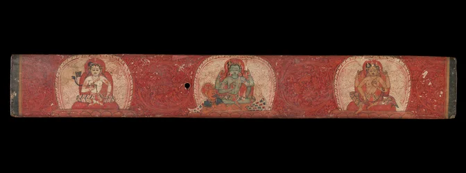 Couverture de manuscrit avec Vishnu flanqué de Lakshmi et Sarasvati, 14ème siècle