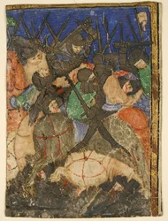 Découpe de manuscrit montrant une scène des Écritures hébraïques, peut-être la vie du roi David, vers 1400